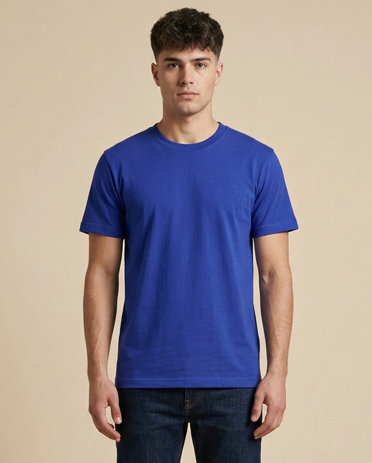 PLAIN SOLID: Royal Blue Round Neck T-shirt for Men