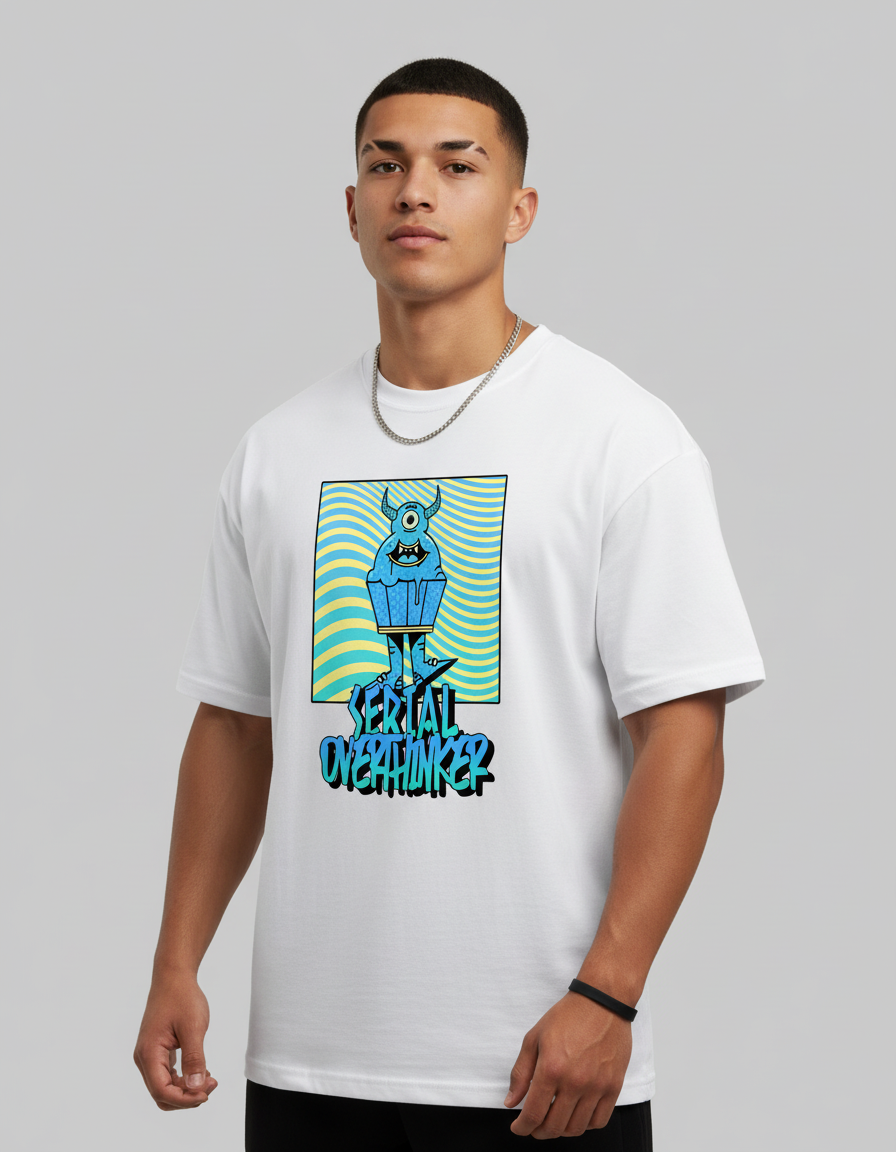 SERIAL OVERTHINKER: White Oversized T-Shirt