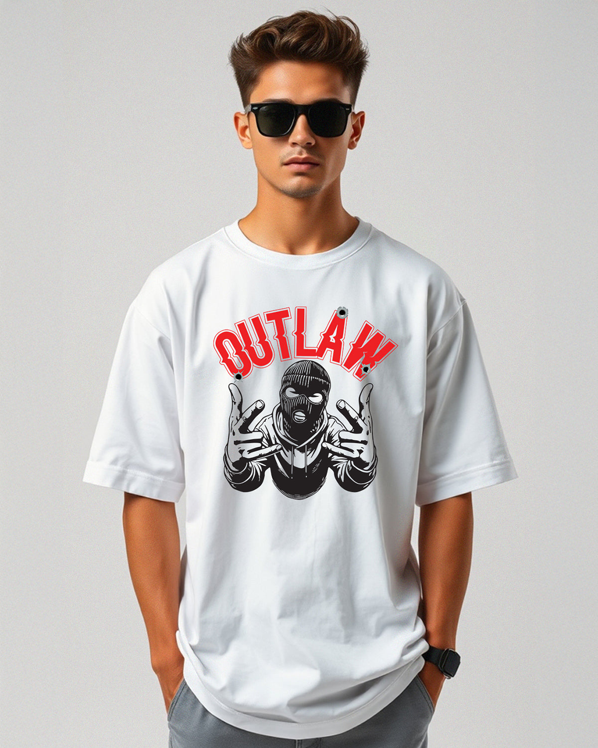 OUTLAW: White Oversized T-Shirt for Men