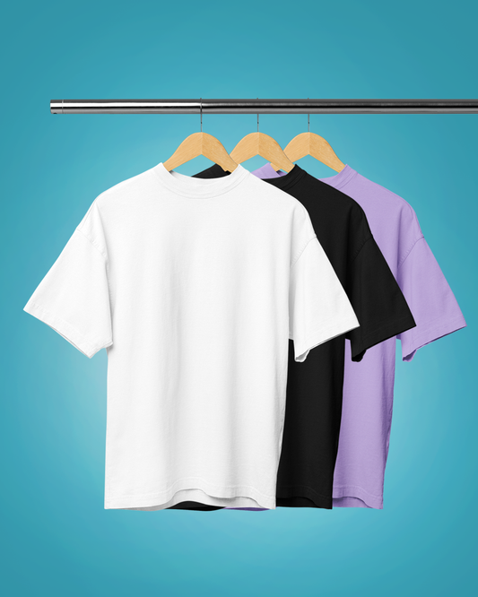 Pack of 3 Solid Oversized T-Shirts: White, Black, Iris Lavender